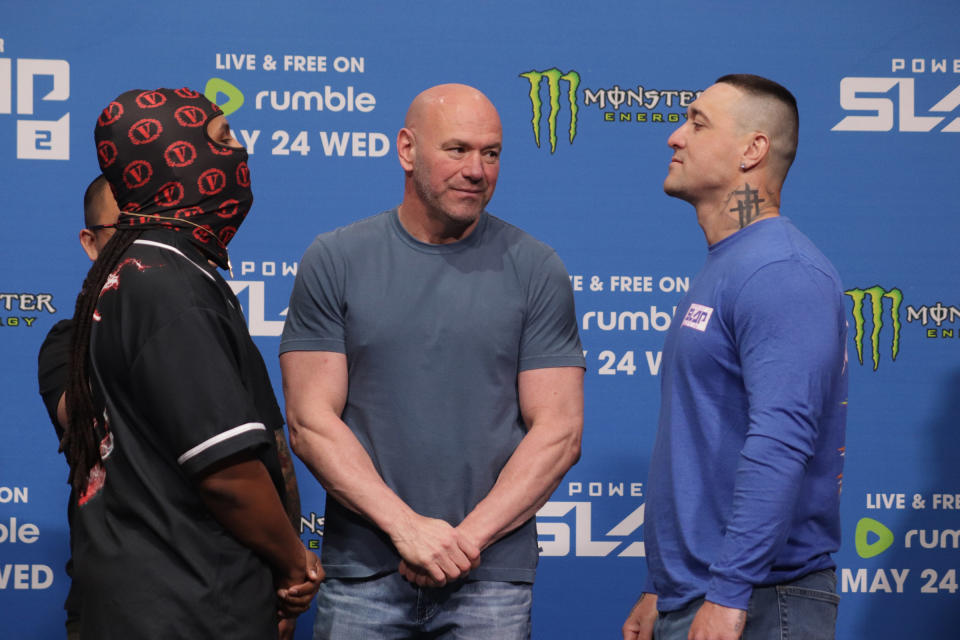 Anthony Hintz and Russell Rivero face off during the Power Slap 2 Media Day on May 22, 2023, in Las Vegas.<span class="copyright">Diego Ribas—PxImages/Icon Sportswire/Getty Images</span>