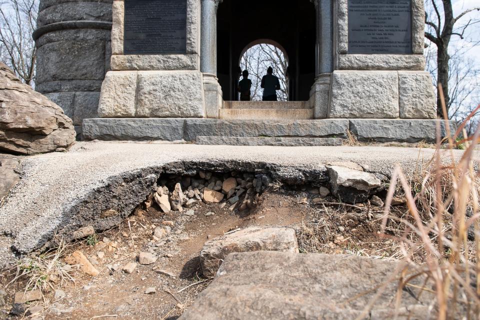 Little Roundtop will close soon as work starts the week of July 25. The site had been expected to close earlier this year, but it was pushed back. Erosion from weather and foot traffic can be seen near the base of the "castle" at Little Roundtop at Gettysburg National Military Park. The monument was dedicated to the 12th and 44th New York Infantry in 1893.