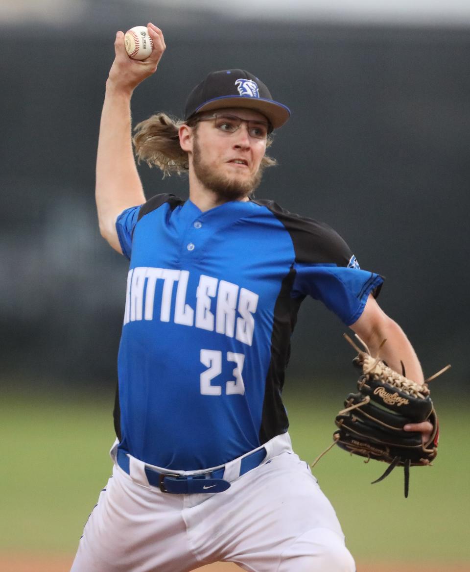 Belleview High School starting pitcher Brendan Ness (23) throws during a baseball game against Buchholz High School held at BHS in Gainesville Fla. April 26, 2022.