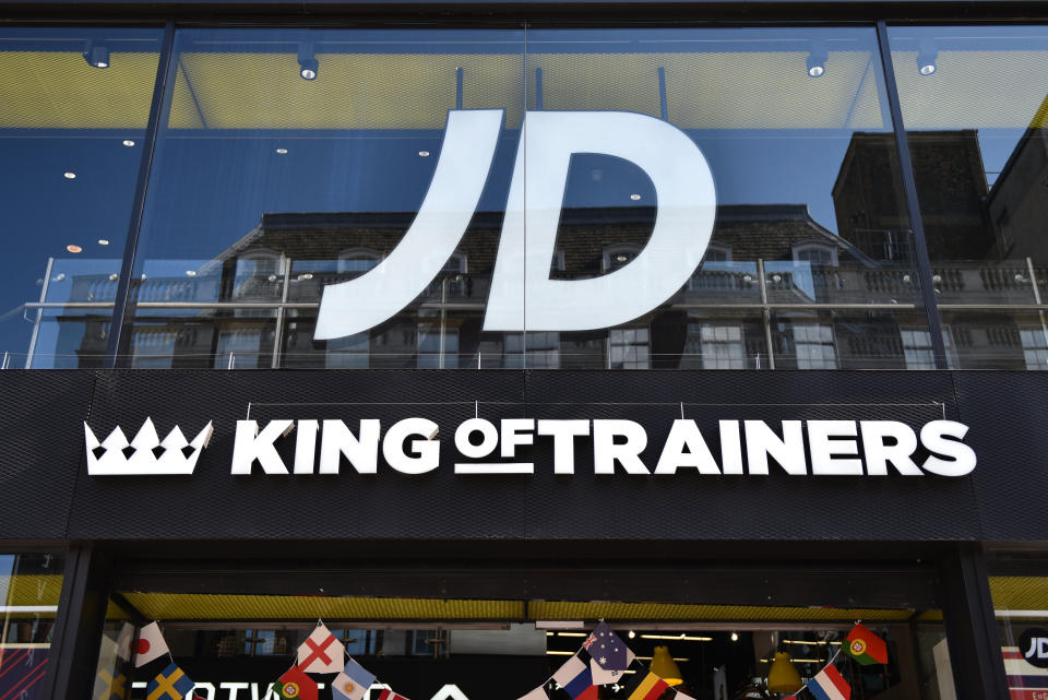 LONDON, ENGLAND - JUNE 11: JD Sports King of Trainers retail shop sign on Oxford Street on June 11, 2018 in London, England. (photo by John Keeble/Getty Images)