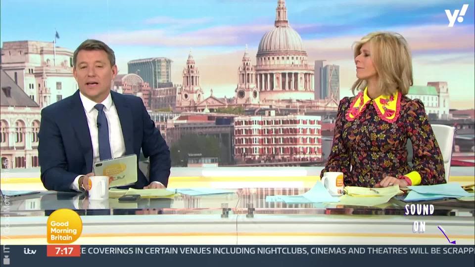 <p>Good Morning Britain host Ben Shephard teases his co-host Kate Garraway for her bold dress and collar on the show.</p>