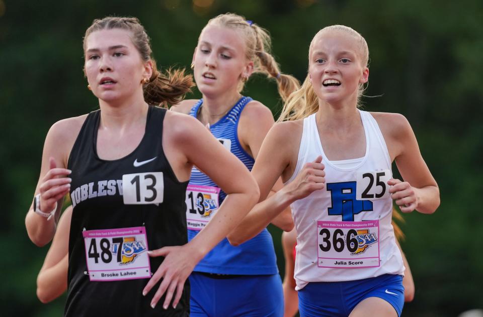 Indianapolis Bishop Chatard's Julia Score competes in the 3,200 meter race Saturday, June 3, 2023, during the IHSAA girls track and field state finals at Robert C. Haugh Track and Field Complex at Indiana University in Bloomington. 