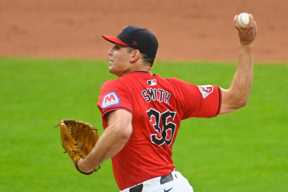 Aug 5, 2024; Cleveland, Ohio, USA; Cleveland Guardians relief pitcher Cade Smith (36) delivers a pitch in the the sixth inning against the Arizona Diamondbacks at Progressive Field. Mandatory Credit: David Richard-USA TODAY Sports