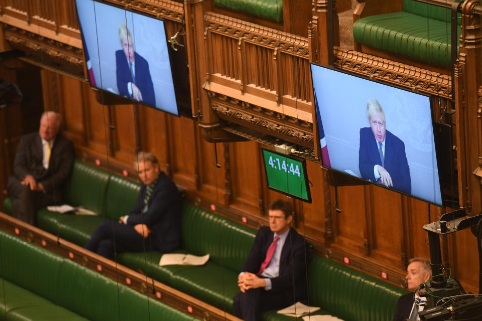 Boris Johnson appearing via video-link in the House of Commons on Monday. (UK Parliament/Jessica Taylor via PA)