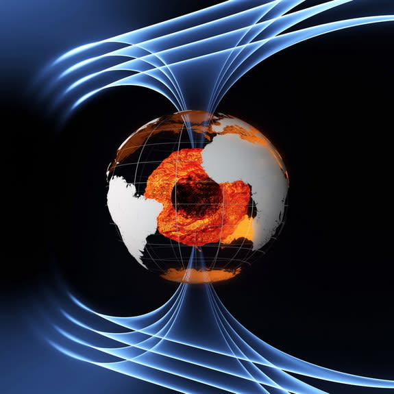 Earth's magnetic field is generated by interactions in its molten outer core. As the flowing iron generates electric currents, the electromagnetic field is constantly changing.