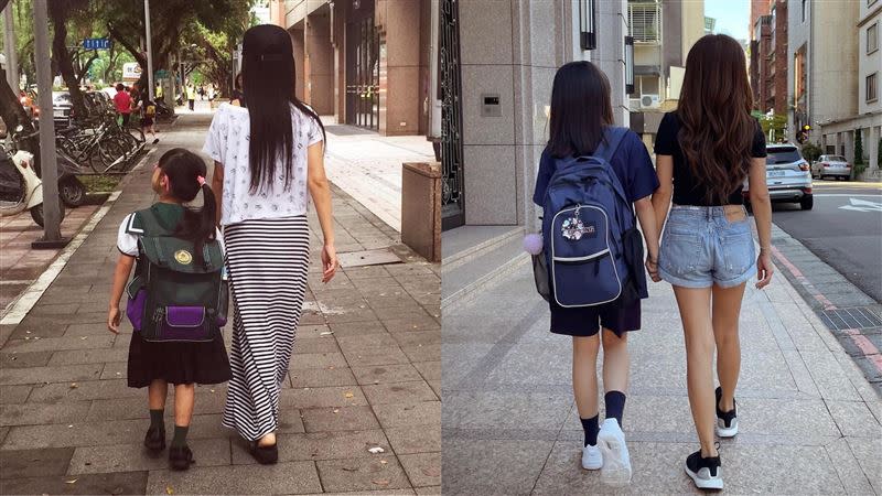 佩甄曬出6年前(左)與6年後的今天(右)送女兒上學的對比照。（圖／翻攝自佩甄臉書）
