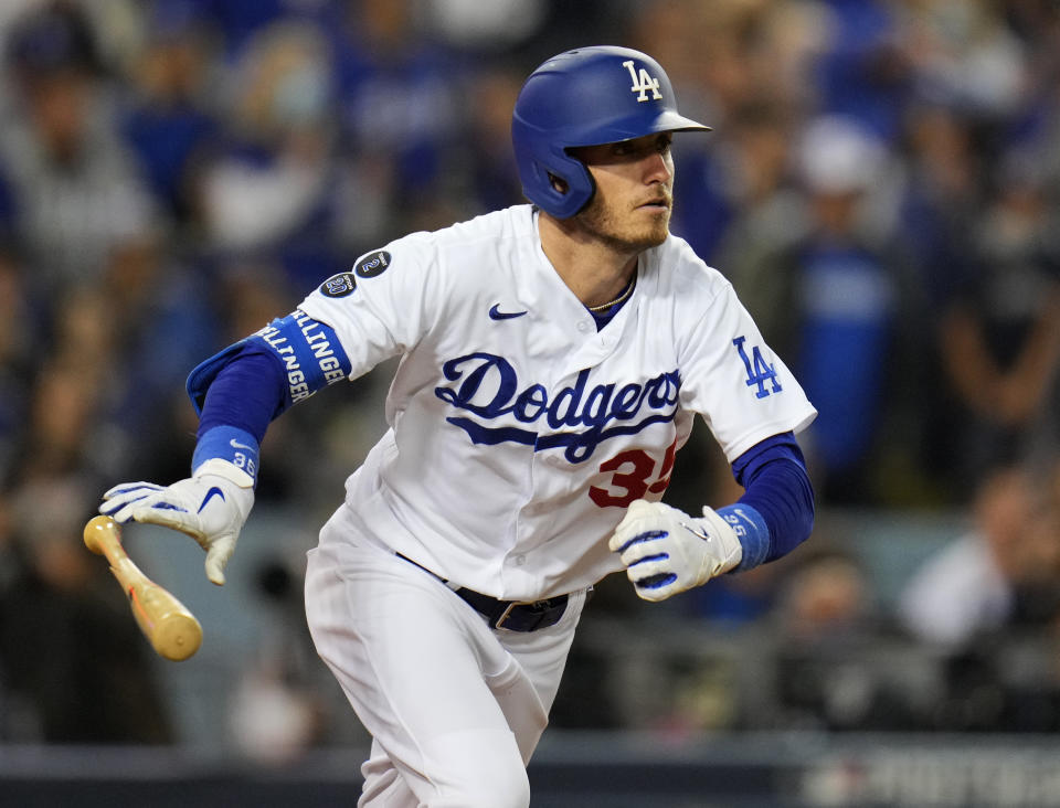 Los Angeles, CA - October 21:  Cody Bellinger #35 of the Los Angeles Dodgers hits a single against the Atlanta Braves during the fifth inning of Game 5 in the National League Baseball Championship Series on Thursday, at Dodger Stadium in Los Angeles, October 21, 2021.  (Photo by Keith Birmingham/MediaNews Group/Pasadena Star-News via Getty Images)