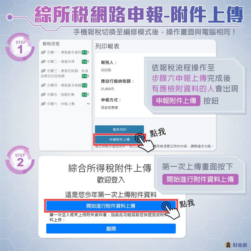 網路報稅試辦附件上傳，財政部公布操作步驟。（圖／翻攝自中華民國財政部臉書）