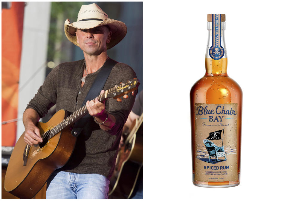 This combination photo shows country singer Kenny Chesney, left, and a bottle of his Blue Chair Bay spiced rum, made in the Caribbean. (AP Photo, left, and Blue Chair Bay via AP)