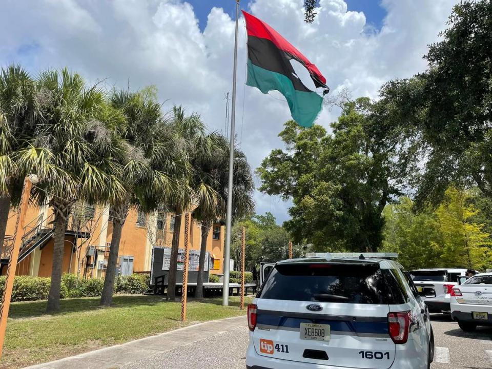 A person used a flamethrower to burn a Pan-African flag outside the St. Petersburg Uhuru House in the morning of Saturday, July 2, 2022. The Uhuru Movement is an organization, under the leadership of African People’s Socialist Party, that promotes uniting people of African ancestry as one nation “for liberation, social justice, self-reliance and economic development.”