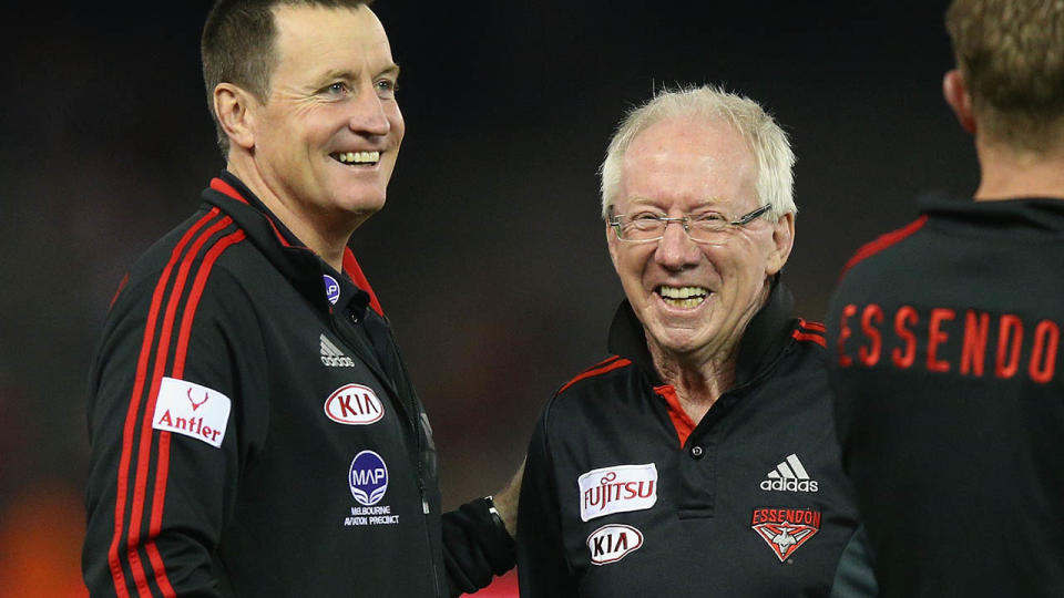 Bombers head coach John Worsfold and club doctor Bruce Reid in 2016. (Photo by Michael Dodge/Getty Images)