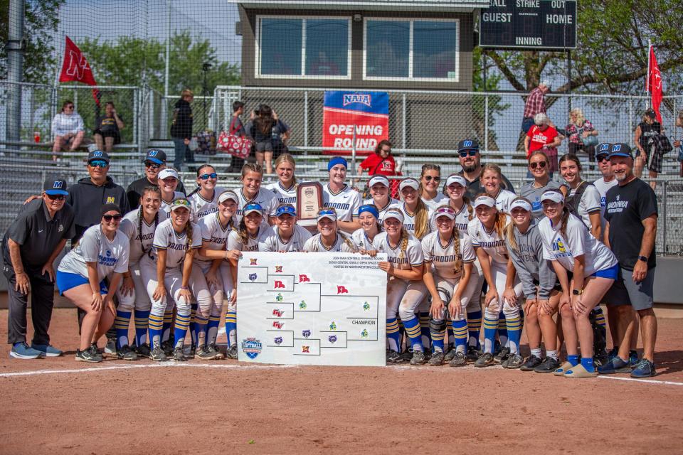 The Madonna softball team poses after advancing in the NAIA tournament in Sioux Center, Iowa, on May 16.