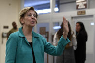 Sen. Elizabeth Warren, D-Mass., responds to a reporter's question on Capitol Hill in Washington, Wednesday, July 10, 2019, after attending a briefing on election security. (AP Photo/Susan Walsh)