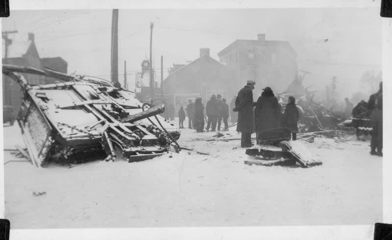 This photo, taken on Dec. 27, 1942, shows the aftermath of a military train's collision with a passenger train at the station in Almonte, Ont. According to Pembroke historian Jamie Bramburger, the entire community of Almonte launched into action to treat the injured and set up temporary morgues. (Submitted by North Lanark Regional Museum - image credit)