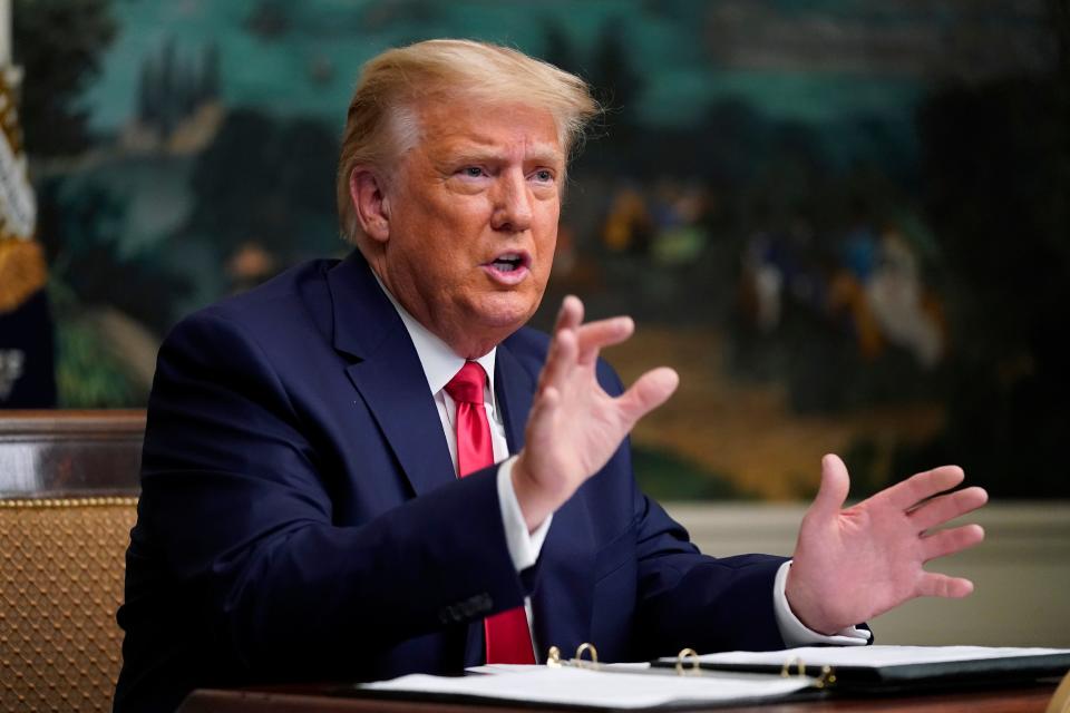 In this Nov. 26, 2020, photo, President Donald Trump speaks with reporters after participating in a video teleconference call with members of the military on Thanksgiving at the White House. Trump has delivered a 46-minute diatribe against the election results that produced a win for Democrat Joe Biden, unspooling one misstatement after another to back his baseless claim that he really won.