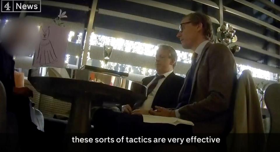 Cambridge Analytica's Alexander Nix and Mark Turnbull are seen during a secretly recorded interview with a Channel 4 reporter. (Photo: Channel 4)