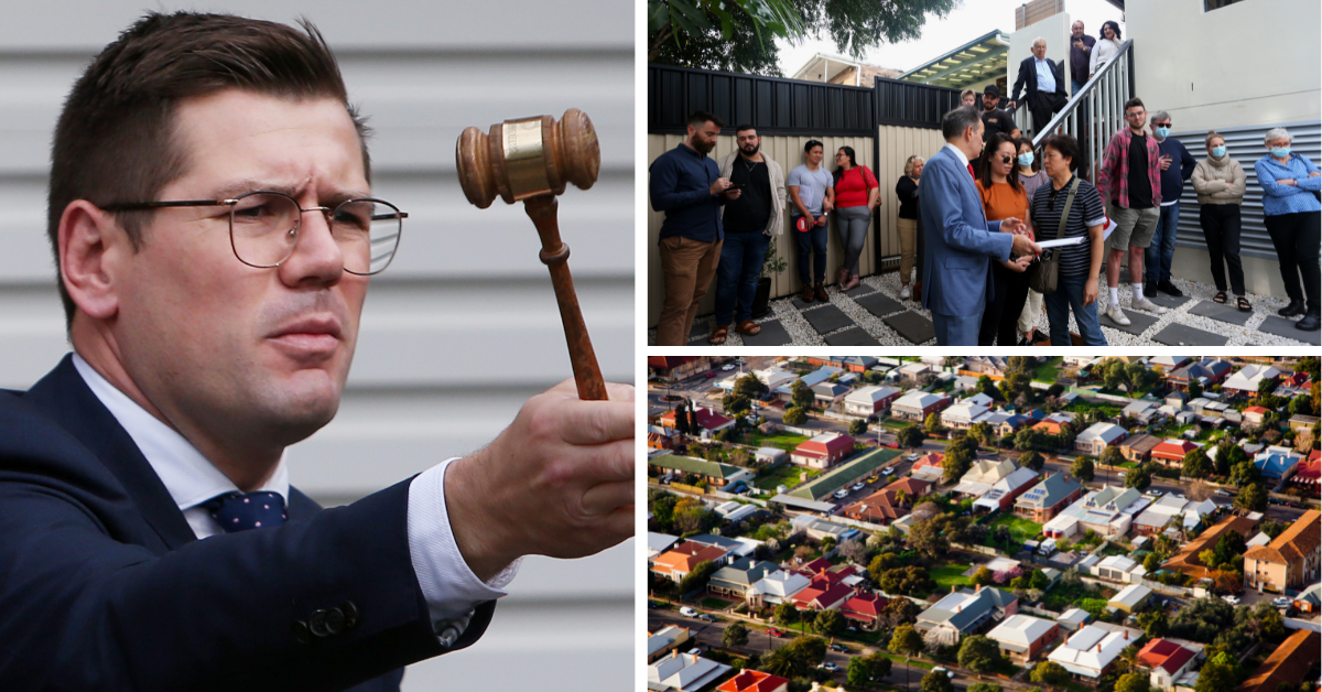 An auctioneer holds the hammer in midst of an action, potential buys stand around at an auction and the aerial view of an Australian suburb.