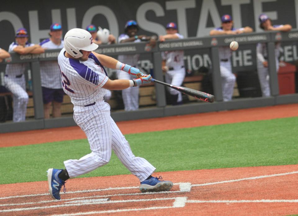 Granville's Ezra Kurek hits for Launch Baseball 2025 Westbrook during a 4-2 victory against the Music City Saints 16U to win the Buckeye Elite championship at Bill Davis Stadium on Sunday, July 9, 2023.