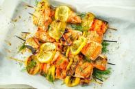 <p>Lemony salmon kebabs are about to be your go-to for grilling season.</p><p>Get the <a href="https://www.delish.com/uk/cooking/recipes/a34615491/mediterranean-salmon-skewers-recipe/" rel="nofollow noopener" target="_blank" data-ylk="slk:Mediterranean Salmon Skewers;elm:context_link;itc:0;sec:content-canvas" class="link ">Mediterranean Salmon Skewers</a> recipe.</p>