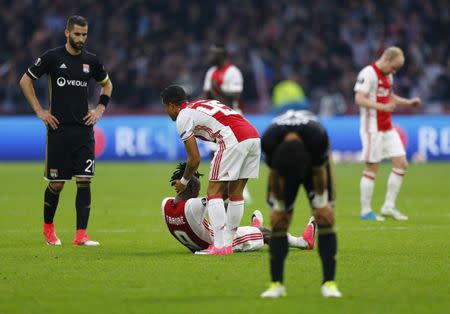 Football Soccer - Ajax Amsterdam v Olympique Lyonnais - UEFA Europa League Semi Final First Leg - Amsterdam ArenA, Amsterdam, Netherlands - 3/5/17 Ajax's Bertrand Traore and Kasper Dolberg celebrate after the match Reuters / Michael Kooren Livepic