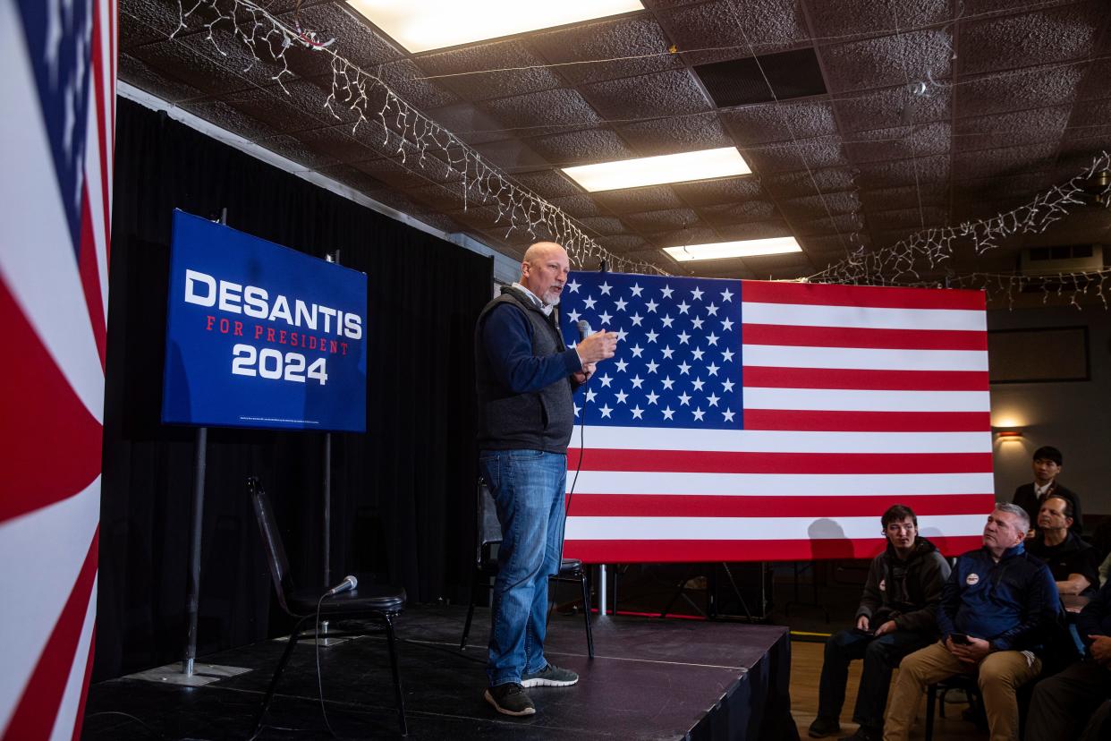 Rep. Chip Roy, R-Texas, speaks during a meet and greet event event at VFW Post 788 in Cedar Rapids, Iowa on Tuesday, Dec. 19, 2023. Florida Gov. Ron DeSantis and Roy spoke to community members and held a question and answer session. (Nick Rohlman/The Gazette via AP)