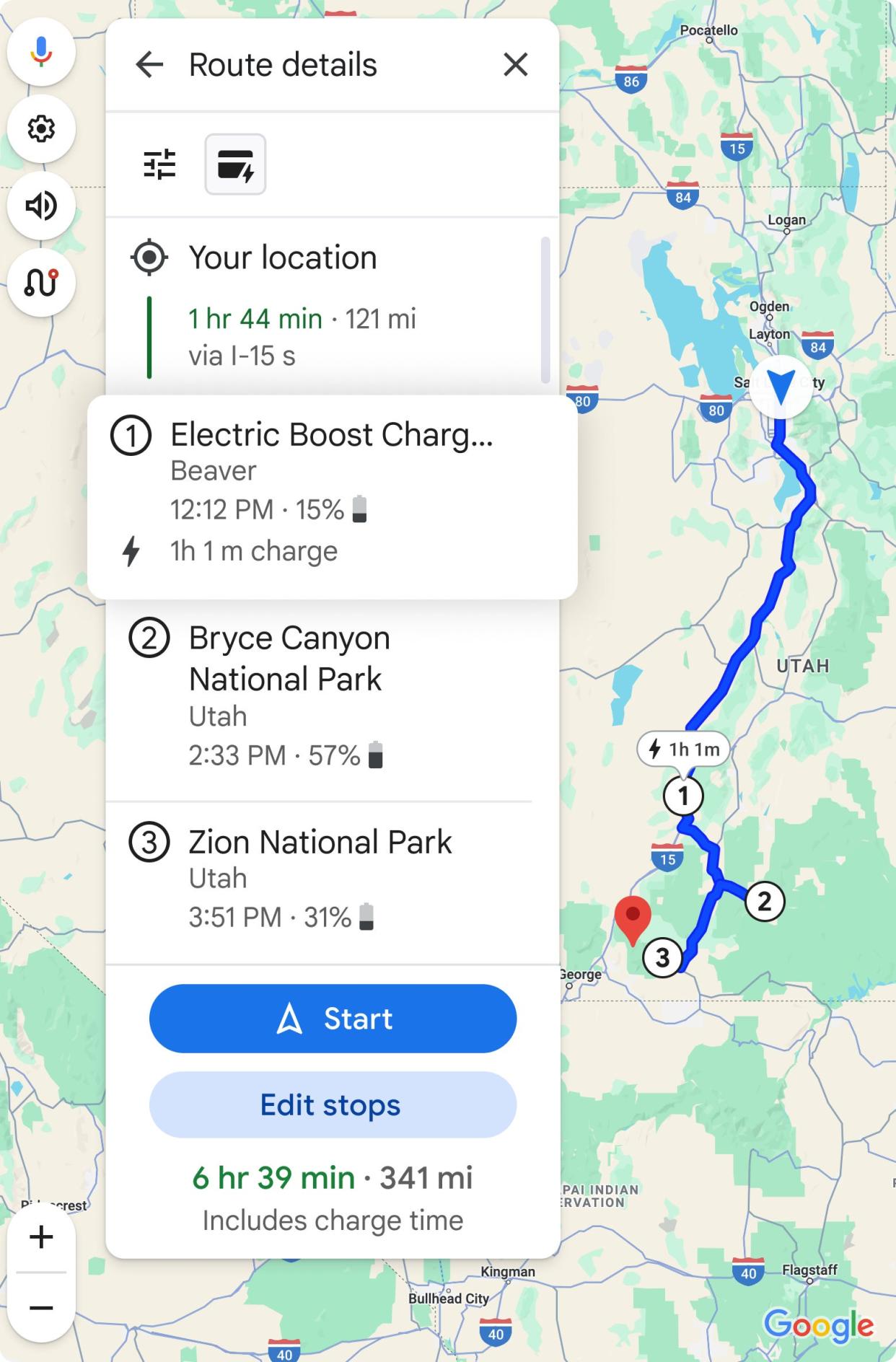 A screenshot of a multi-stop route on Google Maps showing the best places to charge an EV.