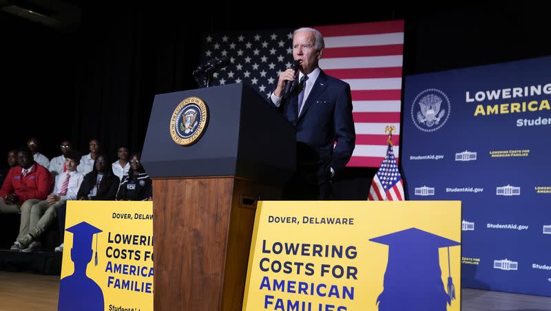 President Joe Biden speaks about student loan debt relief at Delaware State University, Friday, Oct. 21, 2022, in Dover, Del.