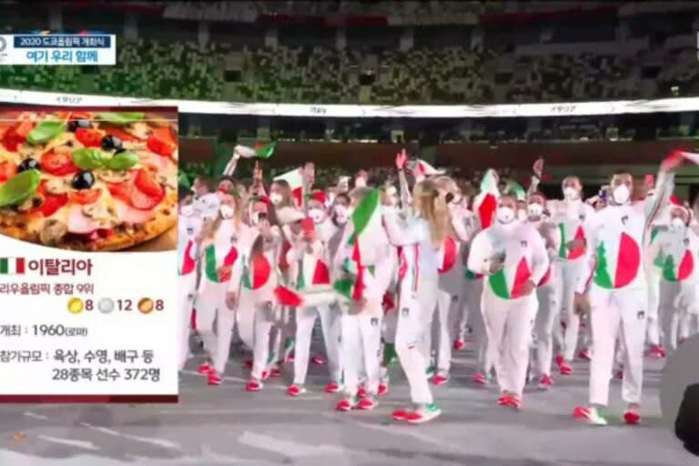Al momento del ingreso de la delegación de Italia fue representada con una pizza en un extremo de la pantalla