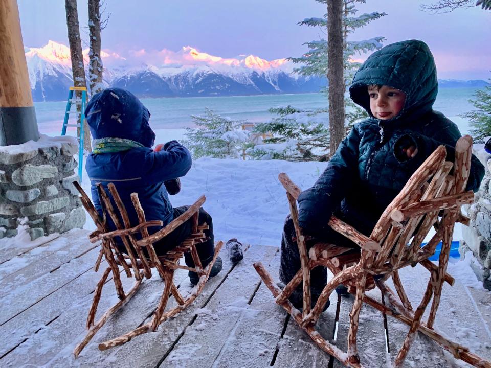 Huxley and Dawson Farrell at our off-the-grid cabin near Haines, Alaska.