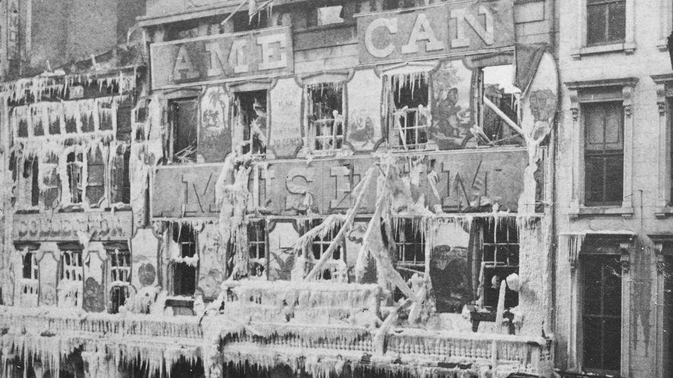 The ruins of Barnum's Museum encrusted with ice, at the intersection of Broadway and Ann Street, seen shortly after the fire that destroyed it had been extinguished in 1868. The American Museum was previously destroyed by a fire in 1865. - Graphic House/Getty Images