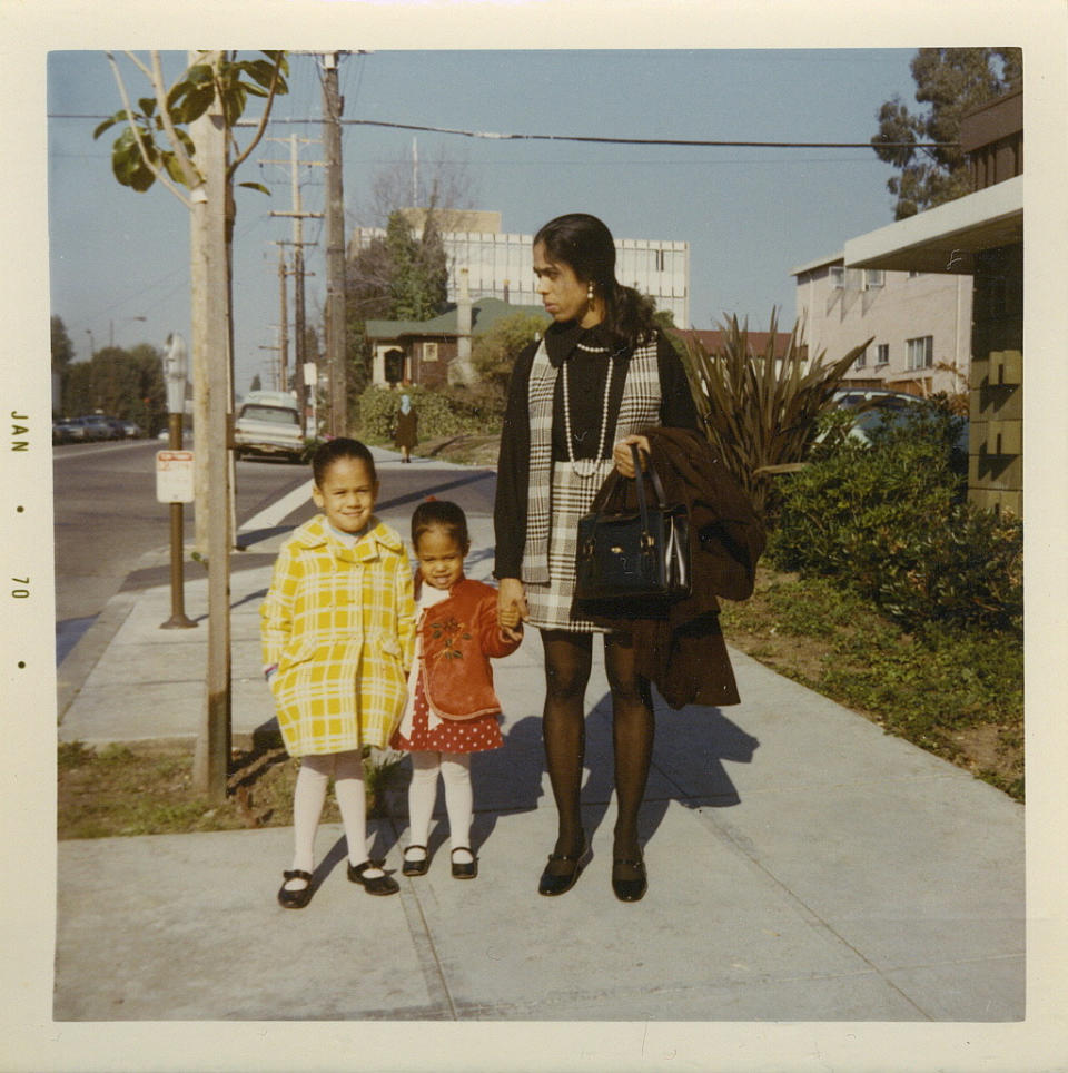 Kamala Harris with her younger sister, Maya, and their mother outside of their apartment on Milvia Street in Jan. 1970. | Courtesy of Kamala Harris