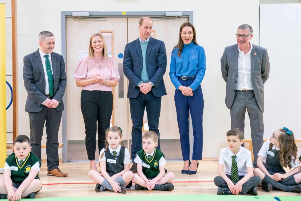 The Duchess of Cambridge with P3 pupils during a visit to St. John's Primary School, Port Glasgow