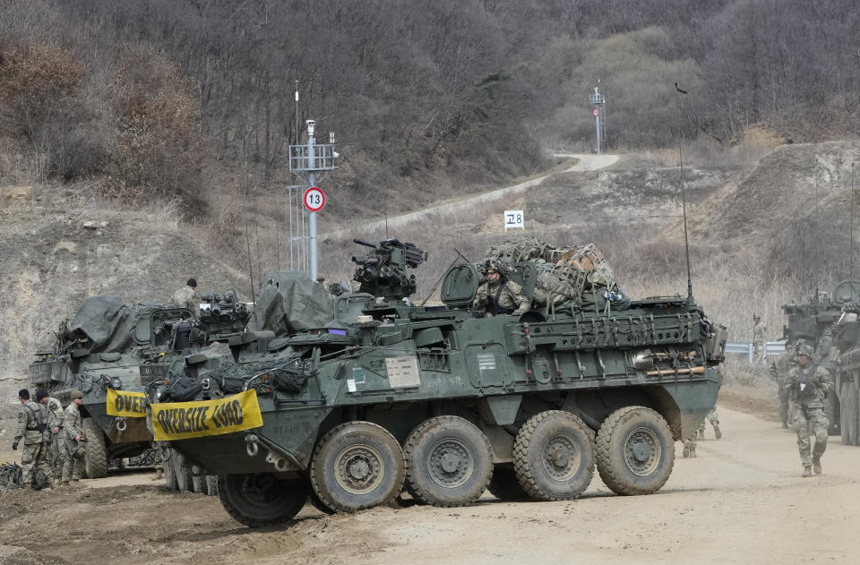 A U.S. Army's armored vehicle moves at a training field in Paju, South Korea, near the border with North Korea, Friday, March 17, 2023. North Korea said Friday it fired an intercontinental ballistic missile to "strike fear into the enemies" as South Korea and Japan agreed at a summit to work closely on regional security with the United States and staged military exercises around the region.(AP Photo/Ahn Young-joon)