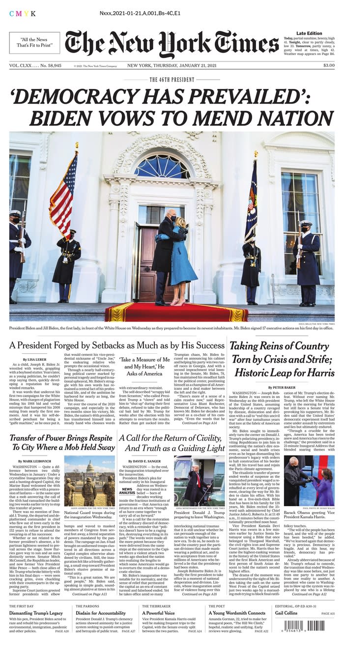 January 21, 2021 front page of The New York Times