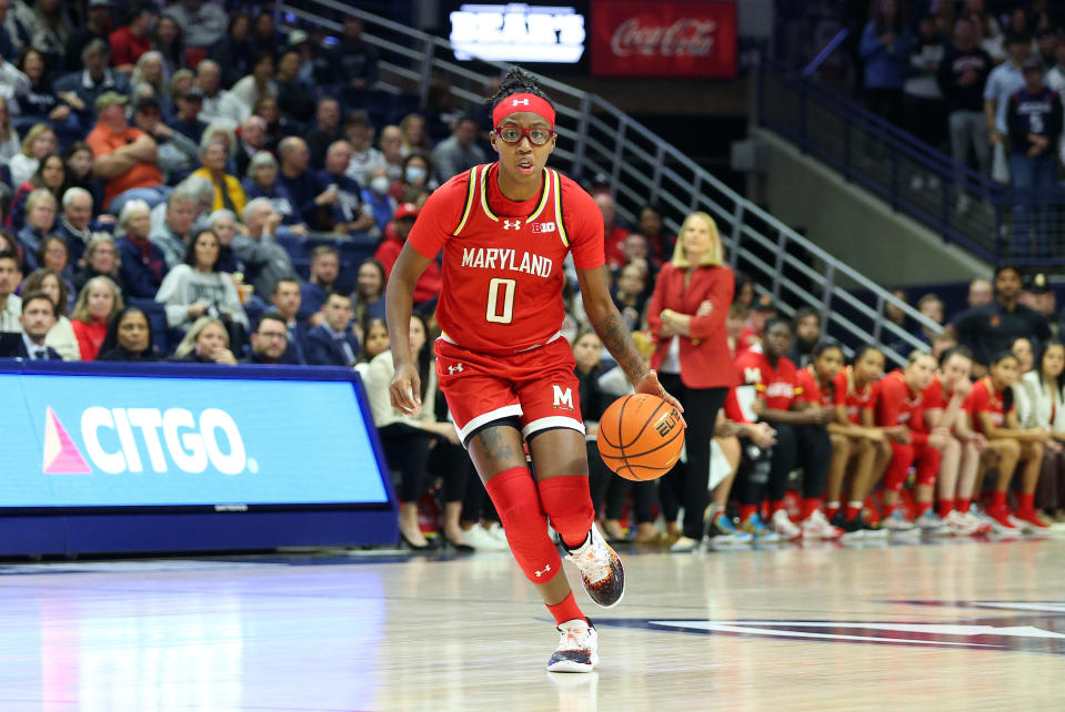 Maryland guard Shyanne Sellers drives to the basket against UConn on Nov. 16, 2023, at Gampel Pavilion in Storrs, Connecticut. (Photo by M. Anthony Nesmith/Icon Sportswire via Getty Images)