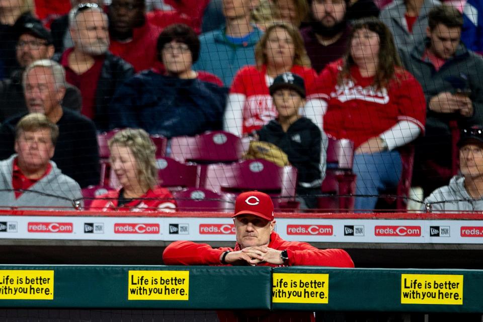 Cincinnati Reds manager David Bell looks on in the fifth inning of the MLB baseball game between the Cincinnati Reds and the Washington Nationals on Saturday, Sept. 25, 2021, at Great American Ball Park in Cincinnati. 