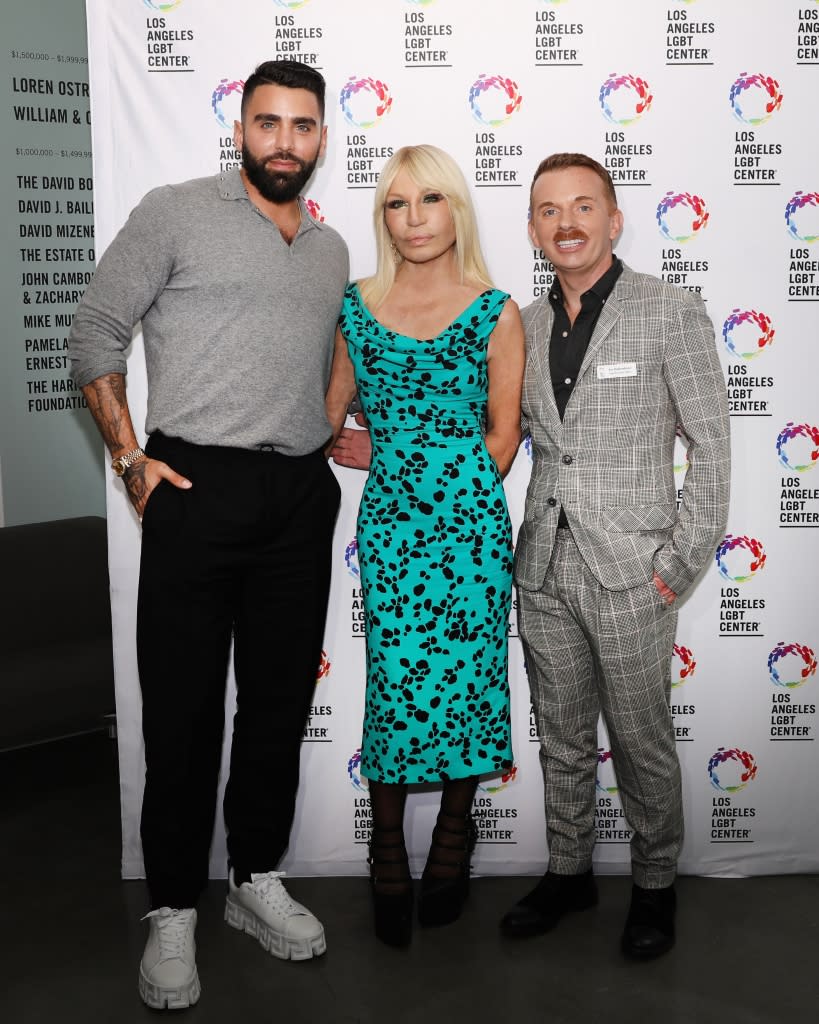 Donatella Versace with the Los Angeles LGBT Center’s Phillip Picardi and Joe Hollendoner.