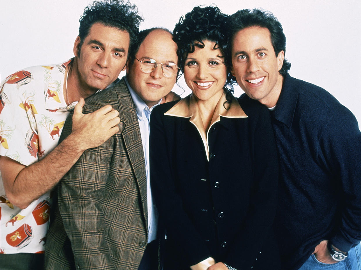 SEINFELD -- Season 9 -- Pictured: (l-r) Michael Richards as Cosmo Kramer, Jason Alexander as George Costanza, Julia Louis-Dreyfus as Elaine Benes, Jerry Seinfeld as Jerry Seinfeld  (Photo by Andrew Eccles/NBCU Photo Bank/NBCUniversal via Getty Images via Getty Images)