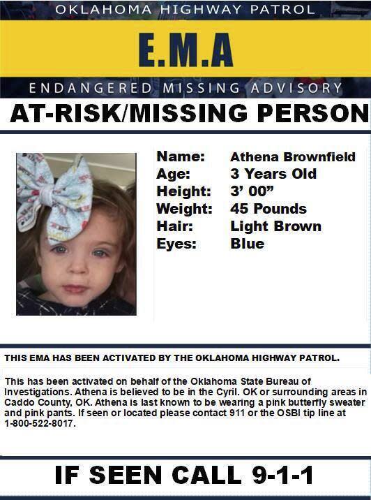 This image provided by the Oklahoma Highway Patrol, shows a missing persons flyer for 4-year-old Athena Brownfield, who authorities say has been missing since Tuesday, Jan. 10, 2023. Authorities have arrested two people in connection with the girl's disappearance while they continued searching for her Friday, Jan. 13, 2023. (Oklahoma Highway Patrol via AP)