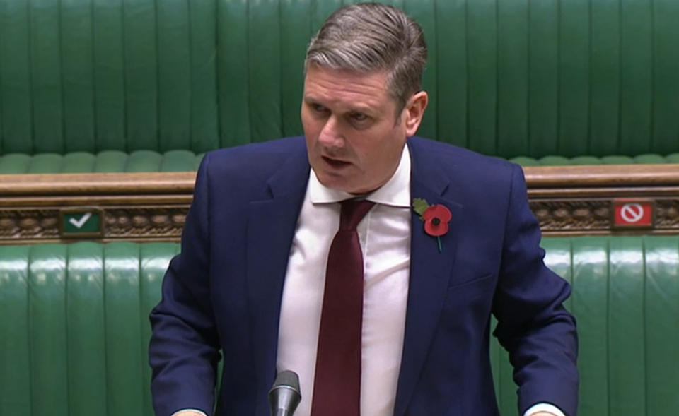 Screen grab of Labour Party leader Sir Keir Starmer responds to Prime Minister Boris Johnson's statement before the House of Commons where he warned MPs that coronavirus deaths over the winter could be twice as high as during the first wave of the pandemic, ahead of a national lockdown for England from Thursday.