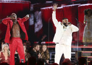 YG, left, and DJ Khaled perform during a tribute in honor of the late Nipsey Hussle at the 62nd annual Grammy Awards on Sunday, Jan. 26, 2020, in Los Angeles. (Photo by Matt Sayles/Invision/AP)