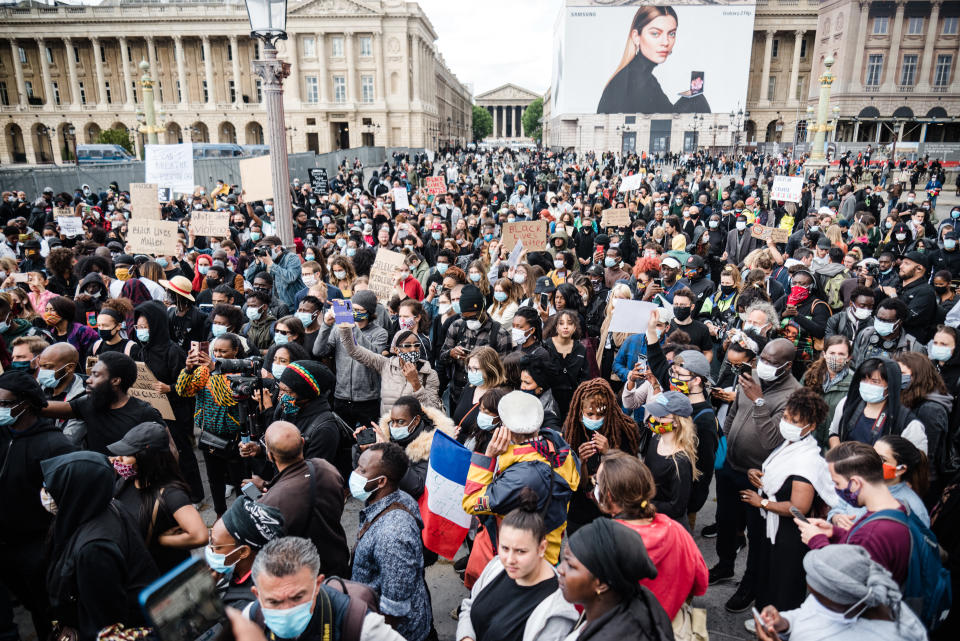 On June 6, 2020, a rally of the Black Lives Matter movement took place on the Place de la Concorde in front of the US Embassy in Paris, organized on the initiative of the Ligue de Défense Noire Africaine (LDNA) and the Anti-Negrophobia Brigade gathered a few thousand demonstrators who came with numerous placards with slogans for George Floyd, against police violence and against racism. (Photo by Samuel Boivin/NurPhoto via Getty Images)