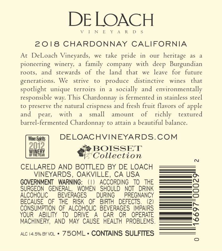 <p>Courtesy of DeLoach Vineyards</p><p>As much as I love to play the “gotcha” game with Chardonnay’s most determined detractors by pouring them something that isn't what they expect from the grape, the hard part is, it's really, painfully rare for the oak program for a given bottle to be made obvious in a manner that's easily accessible to consumers, or frankly, even professionals.</p><p>As a wine pro, tech sheets are often available to me that cover the minutiae of winemaking details for a given bottle. Arguably, this level of detail isn’t necessarily important to the average consumer. But something so definitional as the oak program, especially on a grape like Chardonnay that wears it so boldly, is crucial to a consumer’s understanding of whether or not they might enjoy what’s inside. Even as a professional, when I'm faced with choosing bottles from a retail setting, or from a distributor’s catalogue, there are few clues available that suggest how this wine is going to present itself outside the bottle. Sometimes I can make an educated guess with certain telltale tasting notes, but more often than not I’m forced to dig into producer websites for the kind of information I'm seeking. This is inefficient, and what's more, impractical, and certainly not something the average consumer standing in a bottle shop is going to bother to do.</p>
