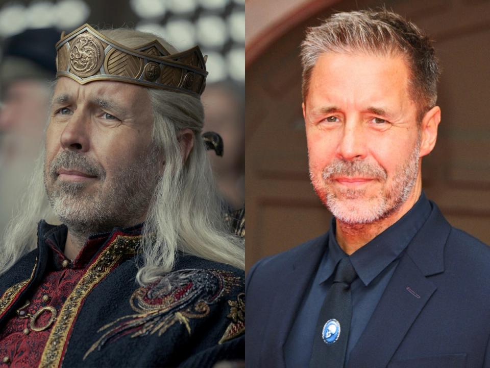 A side-by-side image of a character (Viserys Targaryen) in "House of the Dragon" and actor Paddy Considine.