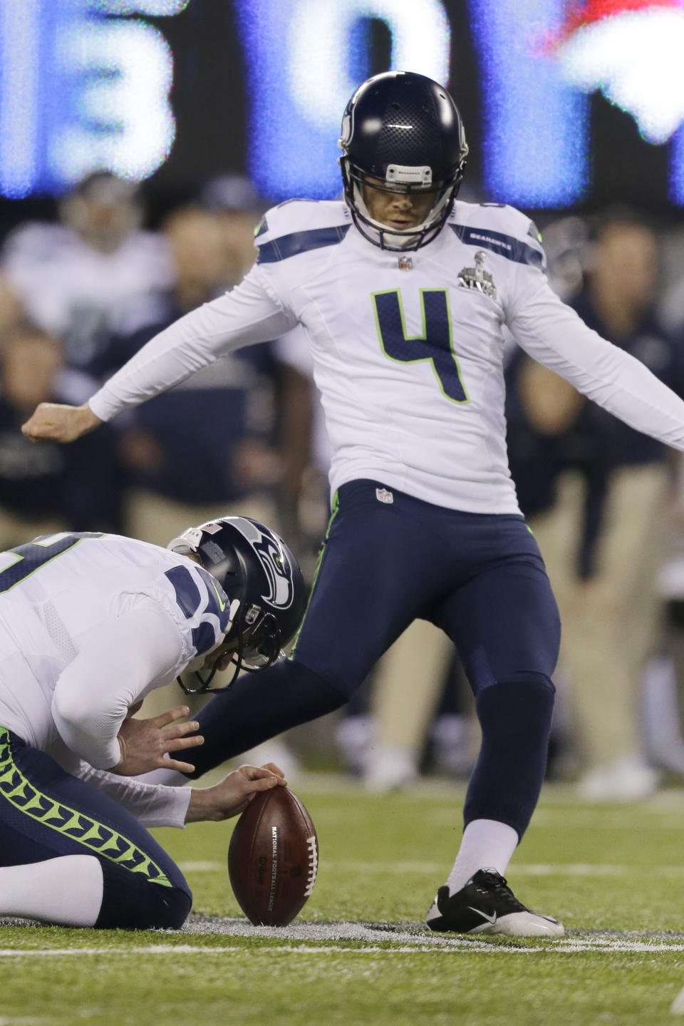 Seattle Seahawks' Steven Hauschka kicks a field goal against the Denver Broncos during the first half of the NFL Super Bowl XLVIII football game Sunday, Feb. 2, 2014, in East Rutherford, N.J. (AP Photo/Julio Cortez)