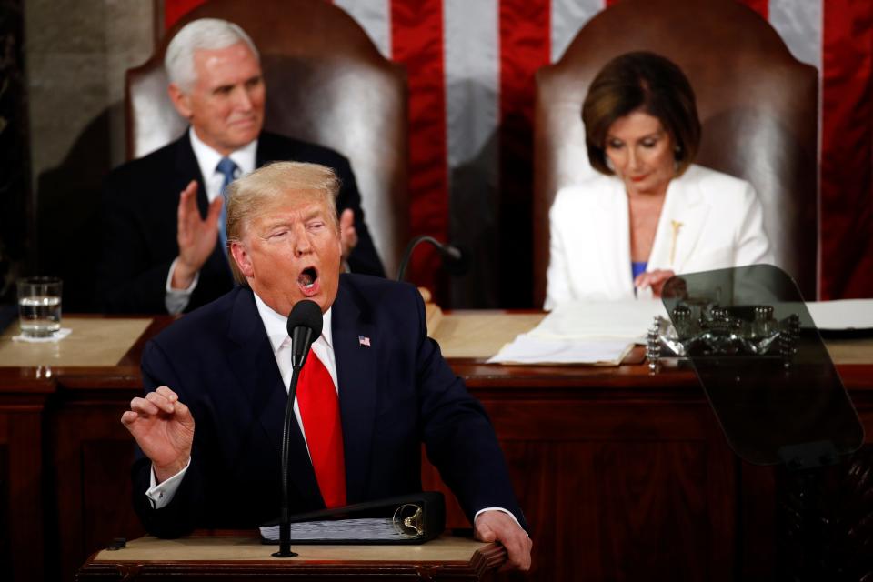 President Donald Trump delivers his State of the Union address to a joint session of Congress on Capitol Hill in Washington, Tuesday, Feb. 4, 2020, as Vice President Mike Pence ad House Speaker Nancy Pelosi of California, listen.