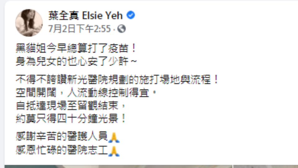 葉全真發文。（圖／翻攝自葉全真 Elsie Yeh Facebook）