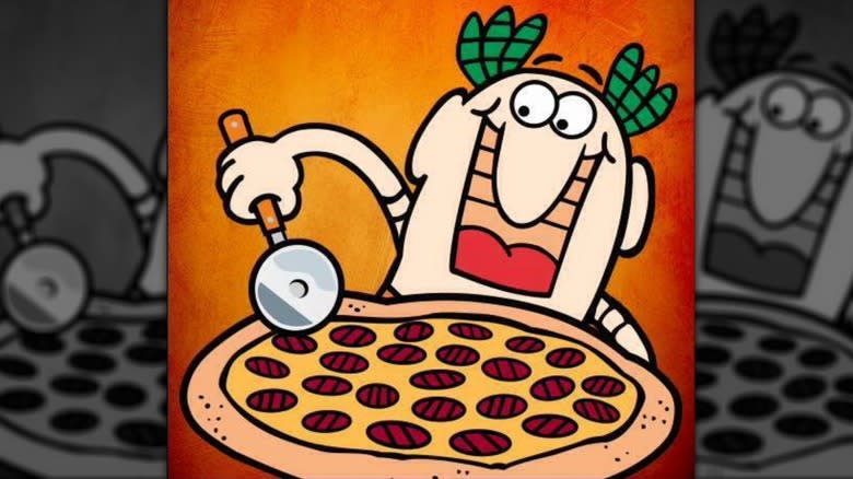 Little Caesars mascot slicing pizza