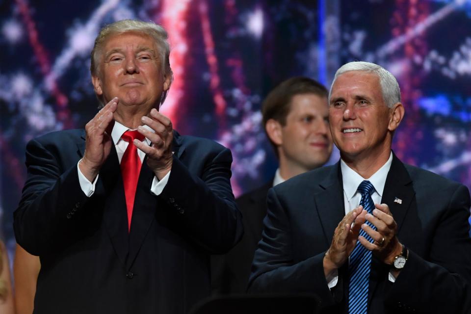 Donald Trump and Mike Pence on stage at the conclusion of the 2016 Republican National Convention at Quicken Loans Arena in Cleveland on July 21, 2016.