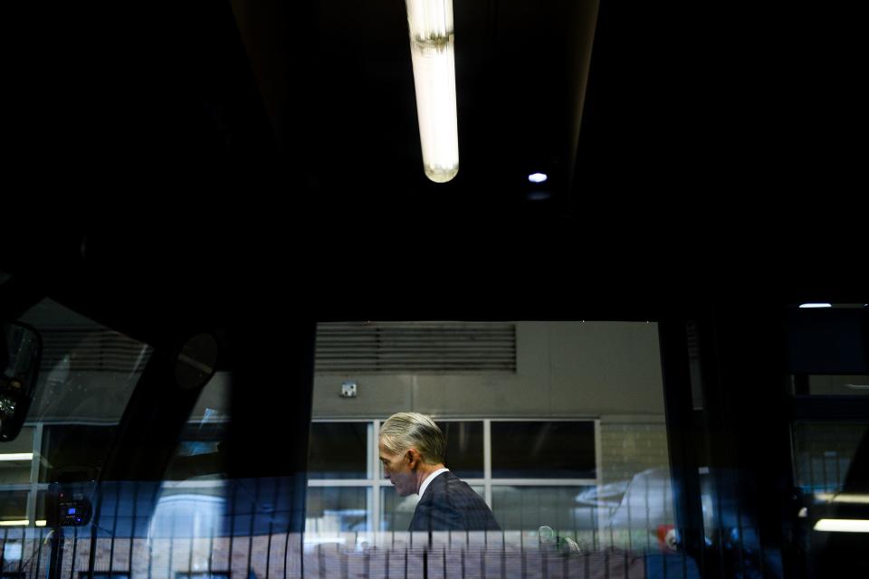 Former congressman Trey Gowdy (R-SC) walks off the podium after speaking  during a ceremony for Proterra electric buses at the Greenville Transit Authority Transit Center Friday, April 5, 2019.